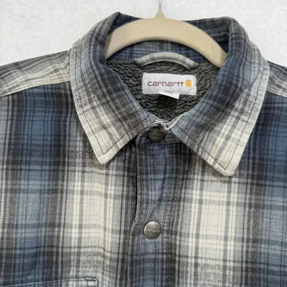 Carhartt Jacket Mens Medium Sherpa Lined Plaid Shirt Coat Workwear Fall 2019 - Picture 7 of 16